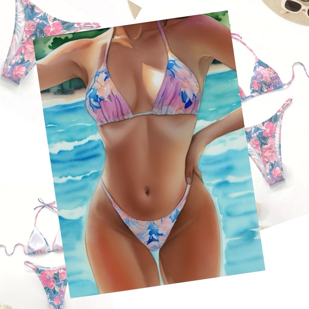 2 pc French Cut Floral Print String Bikini Size Medium